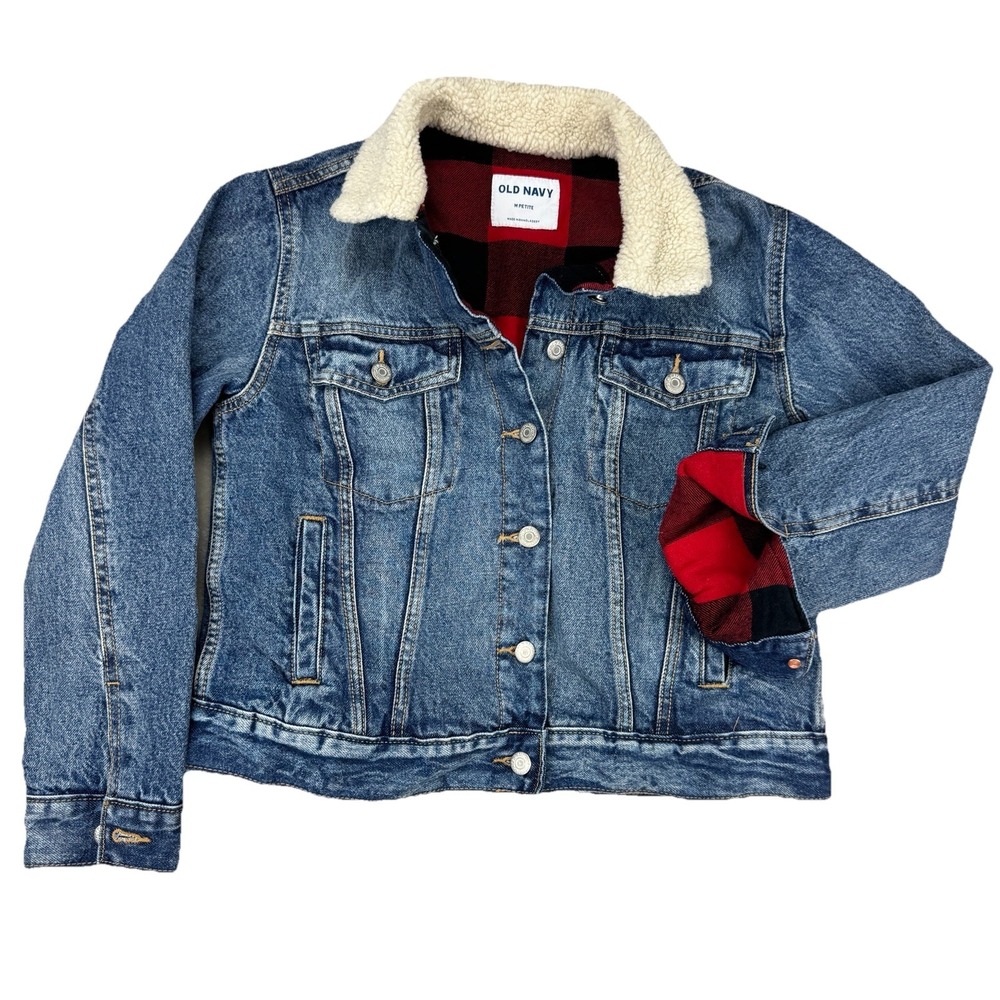 Old Navy Women's Sherpa Lined Denim Jacket Plaid Flannel M Petite Medium Wash